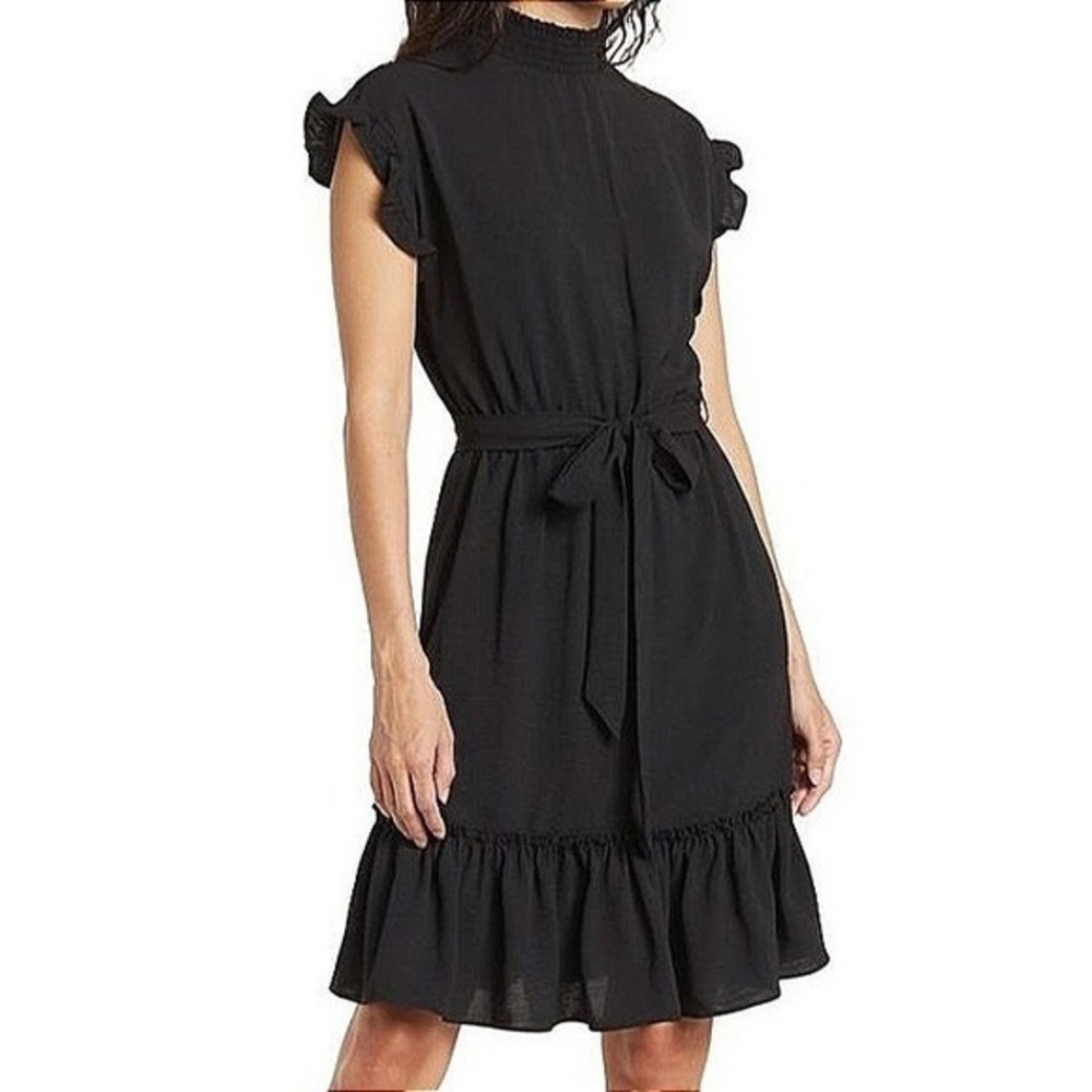 Tahari Arthur S Levine Womens XS Black Smocked Mock Neck Ruffle Midi Dress NWT‎